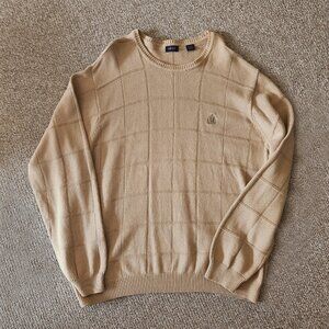 Vintage IZOD Men's XXL Sweater V Ribbed Squares Cotton Knit Camel Tan Pullover